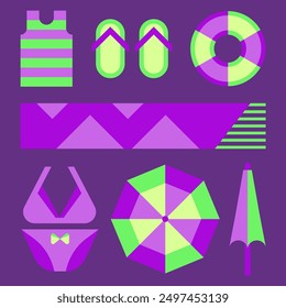 Set of elements of neon colors on a purple background. Images of objects in a geometric style. Beach attributes for recreation. Elements of beach umbrellas, mat, tank top, flip flops, etc.