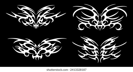 Set of elements in the neotribal style. Abstract ethnic shapes in gothic style. Cyber sigilism for streetwear, merch, t shirt. Vector illustration