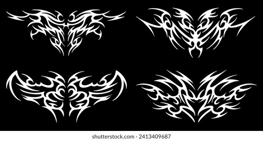 Set of elements in the neotribal style. Abstract ethnic shapes in gothic style. Cyber sigilism for streetwear, merch, t shirt. Vector illustration