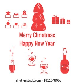 Set of elements for New Year, Christmas 2021. New Year tree, gifts, candies, candles, glasses of wine. Red outline on  white background. Festive decor elements for design of posters, websites, flyers.