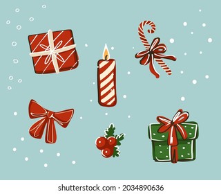 A set of elements for the New Year and Christmas holidays. Gifts, a candle, a candy, a bow.
