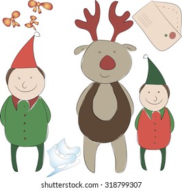 Set of elements for the New Year or Christmas decor. Santa's Helper Elf and reindeer, bows for decoration letter to Santa Claus, skates