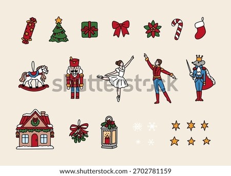Set elements for New Year. Christmas Collection of ballerina, prince, nutcracker, mouse king, rocking horse, christmas tree, winter house, red ribbon bow, snowflakes etc. Happy holiday clip art