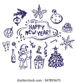 set of elements for the new year hand-drawn