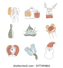 Set of elements for the New Year theme. Clipart, elements for the design of cards, banners, flyers for Christmas. Abstract minimalistic Vector Template. line art drawing, abstract shape. 