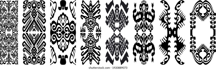 Set of elements and objects of Uzbek, Kazakh, Kyrgyz, national Islamic seamless ornaments. Ornate muslim decorations. Simple elegant vector patterns in tribal ethnic style.