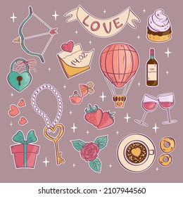 Set of elements and objects for Valentines Day, stickers, icons, vector illustration, eps10