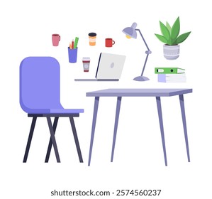 Set of elements for office, home, freelance. Chair, table, plant, laptop, glass, lamp. Vector collection in a flat style