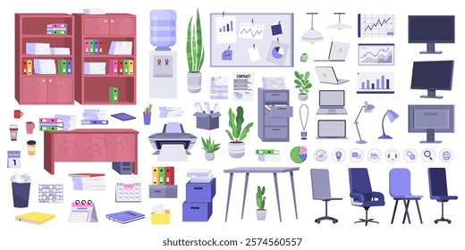 Set of elements for office interior. Cabinets, tables, chairs, plants, water cooler, documents, computer, laptop, printer, glass and mug, lamps, trash can, boxes.  Vector collection in a flat style