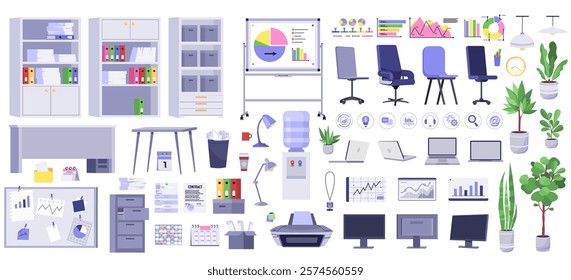 Set of elements for office interior. Cabinets, tables, chairs, plants, water cooler, documents, computer, laptop, printer, glass and mug, lamps, trash can, boxes.  Vector collection in a flat style