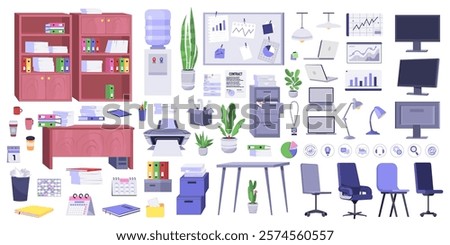 Set of elements for office interior. Cabinets, tables, chairs, plants, water cooler, documents, computer, laptop, printer, glass and mug, lamps, trash can, boxes.  Vector collection in a flat style