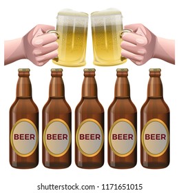 Set of elements for oktoberfest poster. Two hands holding beer glasses and bottles of beer. Vector illustration isolated on white background