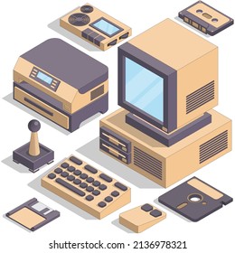 Set of elements of an old computer. Isometric. Isolated on a white background. Vector illustration.