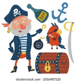 Un conjunto de elementos con un viejo personaje pirata y atribución pirata