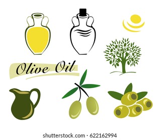 The set of elements of olive oil. Branch with green olives, Bottle of oil, the Olive tree. Vector illustration on a white background.