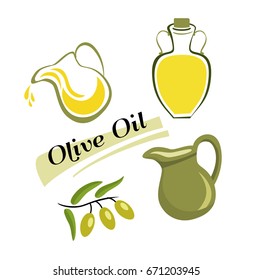 The set of elements of olive oil. Branch with green olives, Bottle of oil, clay jug with oil. Vector illustration on a white background.