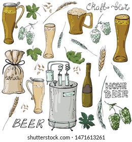 Set of elements on  beer production theme. Crafting machine, cups, mugs, herbs and lettering. Isolated on white for print, design.