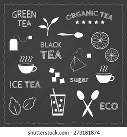 Set of elements on the blackboard in chalk style. Cups, tea bugs, iced drink, sugar, mint leaves, lemon, plant and spoons.