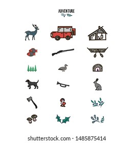 a set of elements on hunting and fishing in the North. theme of travel and adventure.vector illustration in Doodle style.symbols of ducks, auto gun pipes, dogs, birds berries boat camping tent deer.