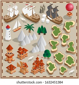 A set of elements on a marine theme. Isometric. Vector illustration.