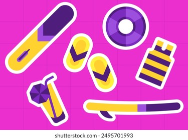 Set of elements on a pink background. Image of items for relaxing on the beach. Beach attributes for recreation. Elements of surfboards, flip flops, etc.