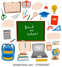 A set of elements on a school theme. Office supplies, backpack, alarm clock, school Board. Doodle flat style. Hand-drawn and isolated on a white background