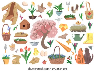 Set of elements on the spring theme isolated on white. Hand drawn vector stock illustrations. Colored cartoon doodles. Drawings of plants, animals, spring time attributes and accessories. For design.