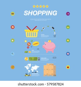 Set of elements on the subject of buying and selling. Store and icons Flat vector illustrations.