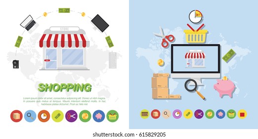 Set of elements on the subject of buying and selling. Market and icons Flat vector illustrations on the theme of shopping.