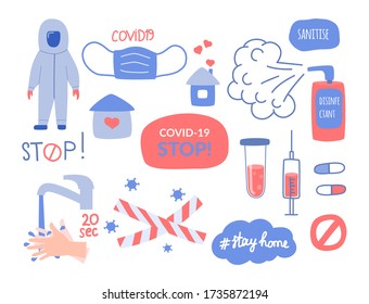 The set of elements on the subject of coronavirus, Coved 19, hygiene and medicine. Vector illustration in flat style.