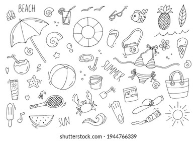 Set of elements on a summer theme. Vacation, sea, beach, rest. Doodle. Vector. Hand-drawn illustration. Coloring. Black and white outline. Silhouette.