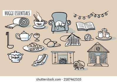 A set of elements on the theme of autumn, cozy home, hugge. A large design collection of colored doodle elements with a stroke and fill. Flat style.