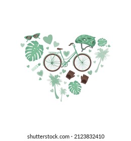 Set of elements on the theme of bicycles and outdoor activities for postcards on a white background, transparent. Vintage bicycle and leisure accessories. Tropical leaves and palms