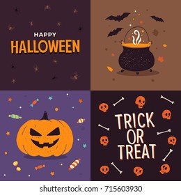 Set of elements on theme of celebrating Halloween. Vector illustration. Orange pumpkin with lollipops and sweets, witch pot, bats, skulls, bones and inscriptions Trick or treat and Happy Halloween.