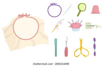 Set of elements on the theme of cross stitch. Embroidery hoop with canvas. Colored icons on the theme of embroidery, sewing. Vector illustration in a flat style. Isolated on white background.