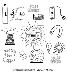 Set of elements on theme of free energy, high technology, solar energy, hydrogen and copper. Alternative and innovation. Black and white vector isolated illustration hand drawn doodle