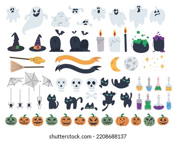 Set of elements on the theme of halloween. Ghosts and black cats, witch's potion and terrible pumpkins are symbols of the holiday. Flat vector illustration, eps10