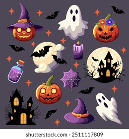 Un conjunto de Elementos sobre el tema de Halloween sobre un fondo oscuro. Clipart