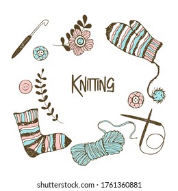 A set of elements on the theme of knitting. Yarn, knitting needles, mittens, socks. Vector.