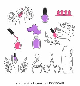 conjunto de elementos sobre manicura tema e pedicure. Ilustração desenhada à mão