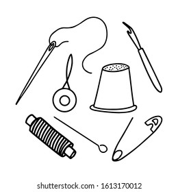 Set of elements on the theme of needlework. Black and white vector illustration in doodle style. Objects are isolated on a white background. Needle, pin, hooks, ripper, thimble. hand-drawn