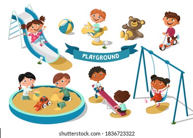 Set of elements on the theme of a playground. Children play in the sandbox, ride a scooter, slide down and swing. Cartoon vector illustration isolated on white background.