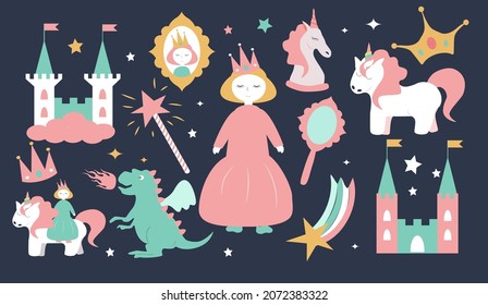 set of elements on the theme of princesses and the fairy kingdom. castles, dragon, magic wand, princesses, unicorns, crowns. childrens illustration in flat style