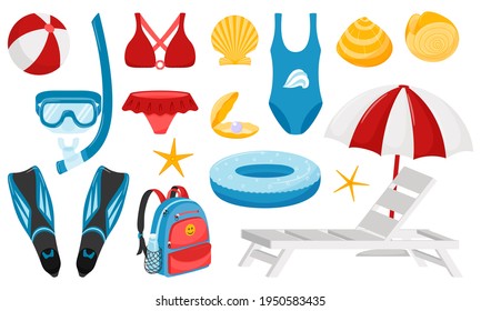 A set of elements on the theme of sea recreation, shells, swimsuit, sunbed, fins, mask. Design elements for summer, vacation, sea holidays, diving, swimming. Flat, cartoon style. Isolated on white.