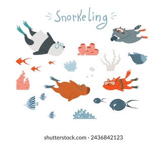 Set of elements on the theme of snorkeling. Funny animals diving with a mask and flippers, panda, capybara, raccoon, fox. Vector illustration.