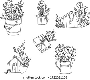 a set of elements on the theme of spring with flowers, a bucket, a watering can, birdhouses in the style of doodle
