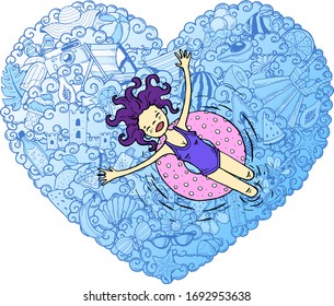 A set of elements on the theme of summer. In the shape of a heart.