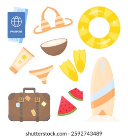 Set of elements on the theme of summer holidays in cartoon style on a white isolated background. Swimsuit, plane tickets, surfboard, suitcase, watermelon, coconut. Summer holidays abroad