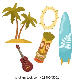 A set of elements on the theme of travel. Vacation in Hawaii. Cartoon icons of palm trees, Tiki mask, ukulele, surfboard, flower garland. Illustration for banners, posters, postcards, stickers.