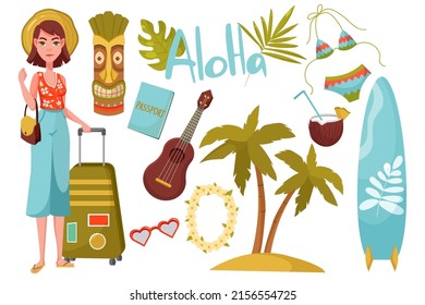 A set of elements on the theme of travel. Vacation at the sea. A girl with a suitcase, a swimsuit, a passport, a tropical Monster leaf, glasses.